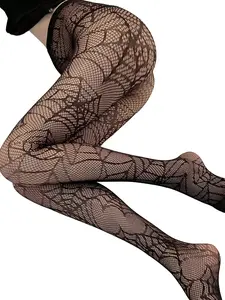 1 Pair Women Halloween Spider Web Fishnet Thigh High Socks, Party Costume Stockings Autumn Accessories