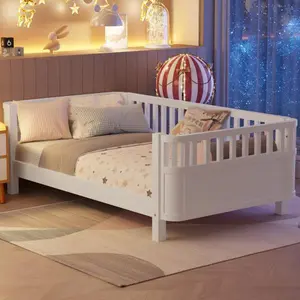 Multi-Use Junior Twin Bed Frame, Sturdy Wooden Construction, Safety Guardrails & Removable Rail for Kids Room