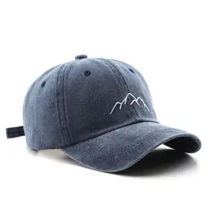 Vintage Washed Distressed Mountain Embroidery Cap - Navy