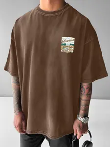 Men's Vintage Outdoor Cotton T-Shirt, Yellowstone National Park Print, Loose Fit Drop Shoulder, Casual Street Style, Washed Fabric