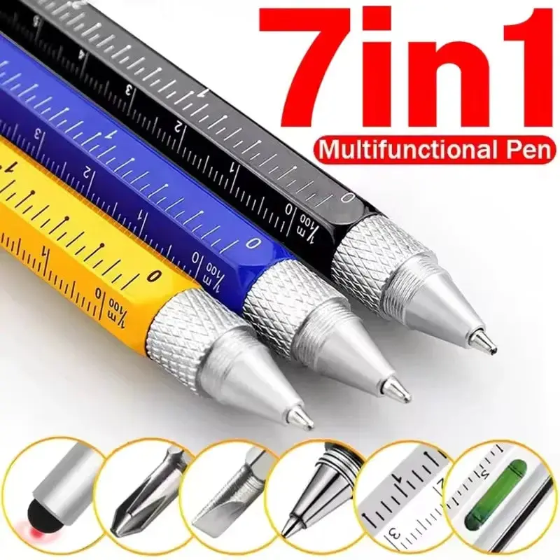 5Pcs 7‑in‑1 Multifunctional Tool Pen Ballpoint Stylus Screwdriver Ruler Level Gauge Touch‑Screen Capacitive Pen
