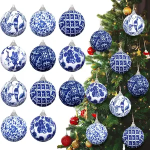 12 Pcs Christmas Chinoiserie Ball Ornaments Blue and White Chinoiserie Tree Decoration Christmas Tree Hanging Ornaments Fabric Wrapped Home Xmas Decor for Modern Party (Blue,2.76 Inch)