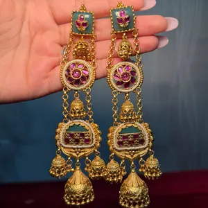 Kashmiri Earrings - Gold Color with Pink and Green Stones, Intricate Design, Perfect for Special Occasions