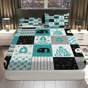 3Pcs Camping Adventure Fun Fitted sheet Three Piece Set (1*Fitted Sheet+2*Pillowcases, Coreless), Camping theme, Outdoor Camping Bedding Set, Mattress protector Soft, Breathable