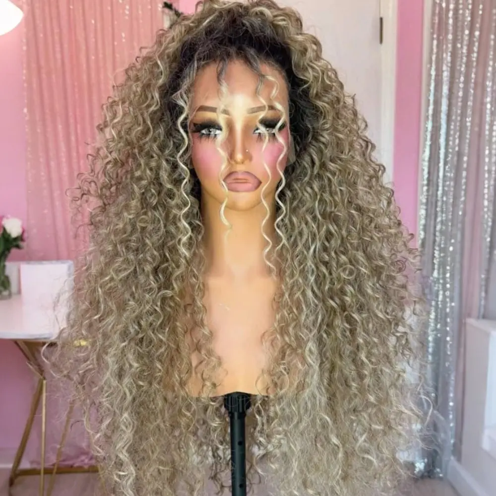 Kinky Curly Lace Front Wig Ombre Brown Roots Ash Blonde  display picture 1