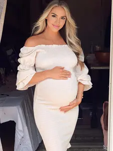 Elegant Ruffle Shoulder Long Sleeve Maternity Dress, Slim Fit Pregnancy Wear, Medium Length, Perfect for Women, Pregnancy Clothes