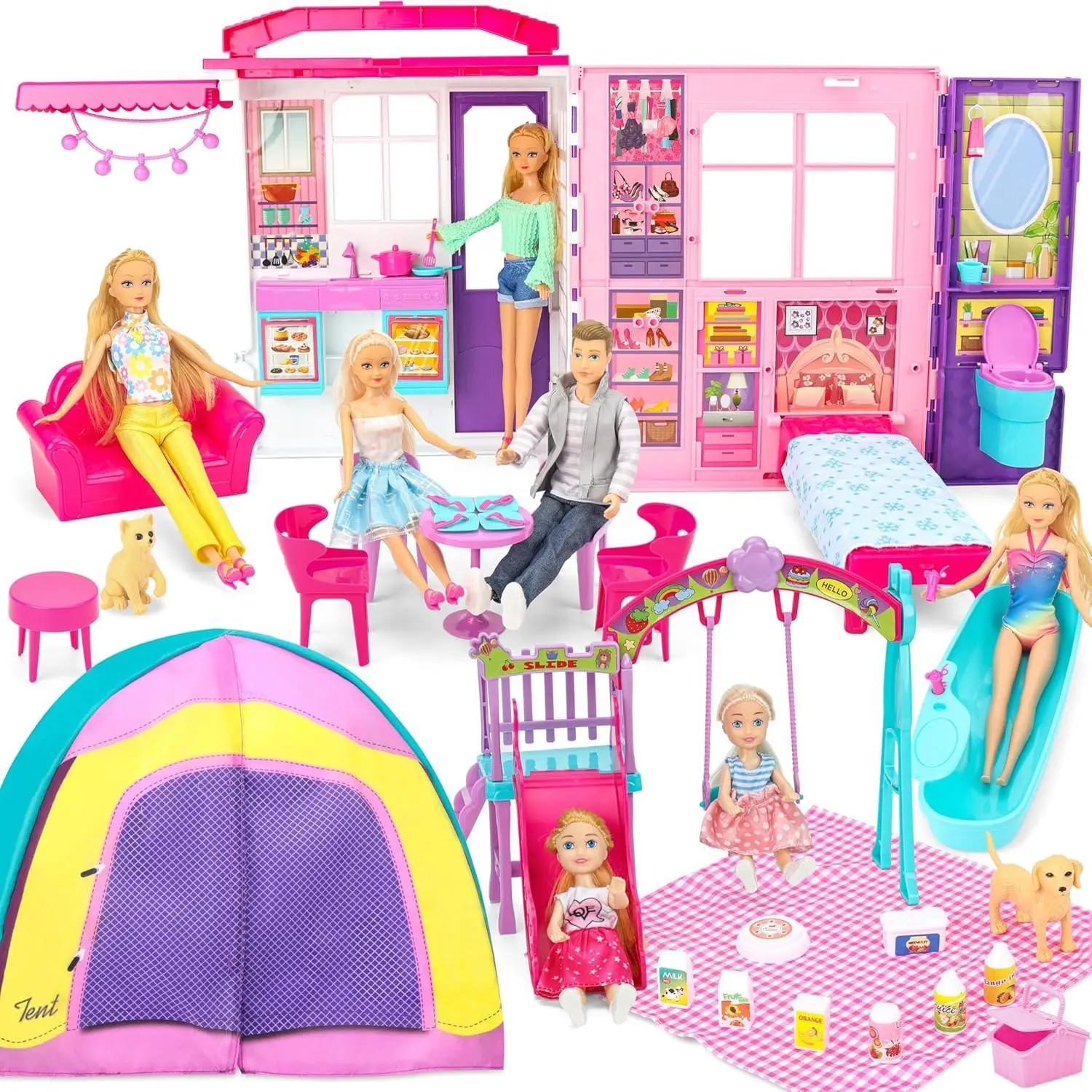 Portable & Foldable Doll House w/ 60+ Pcs & 2 Dolls, Play House Toy with Bedroom Kitchen Furniture Camping Playset, Playhouse Gift for Girl Kid Toddler