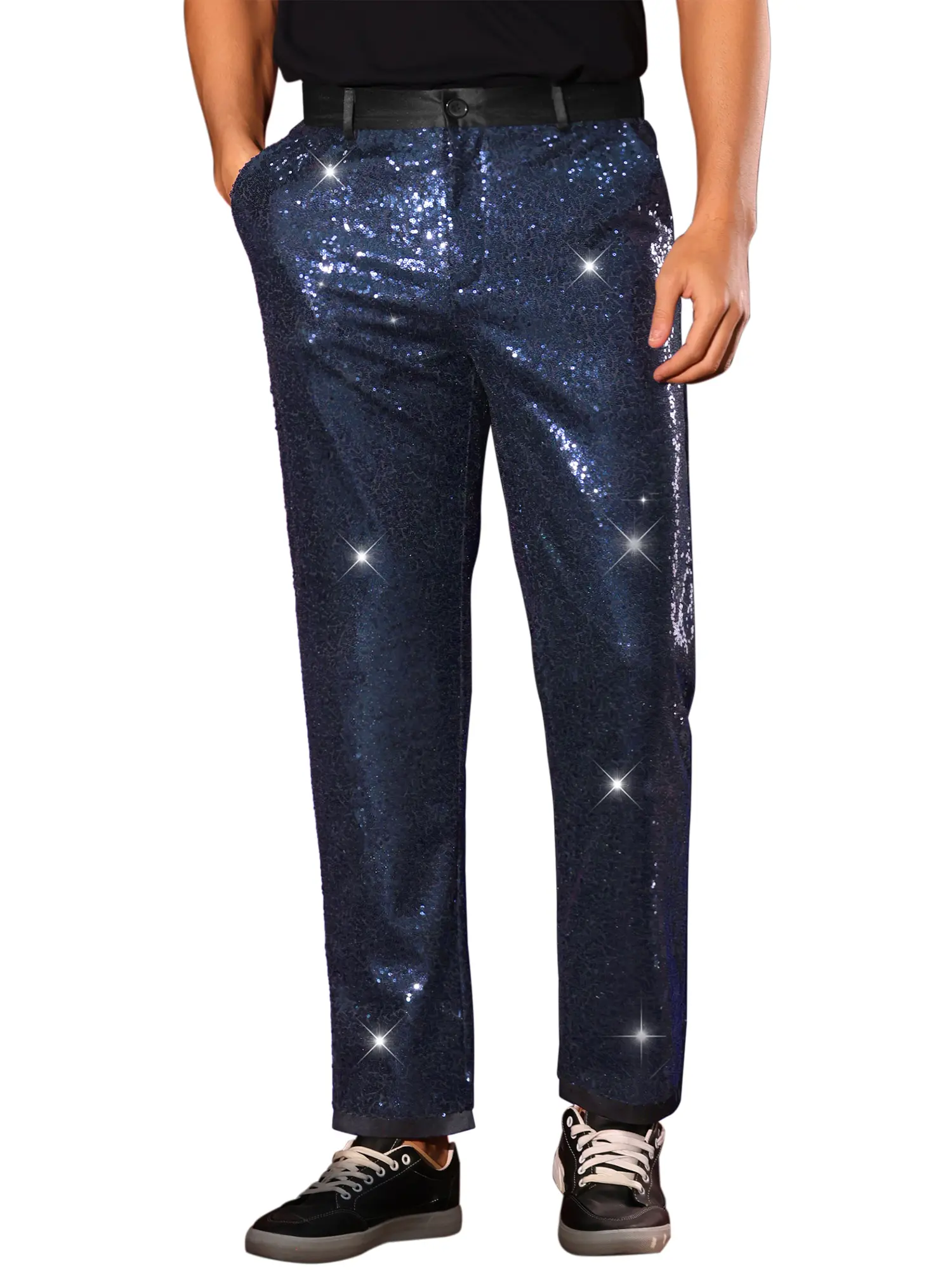 INSPIRE CHIC Silver Sequin Dress Pants for Men's Straight Leg Button Down Party Metallic Shiny Suit Trouser