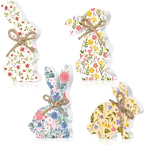 4 Pieces Easter Bunny Wood Decor Easter Natural Wood Signs Bunnies Shape Signs Rabbit Tabletop Decor Spring Flower Rustic Centerpieces for Farmhouse Kitchen Dining Room