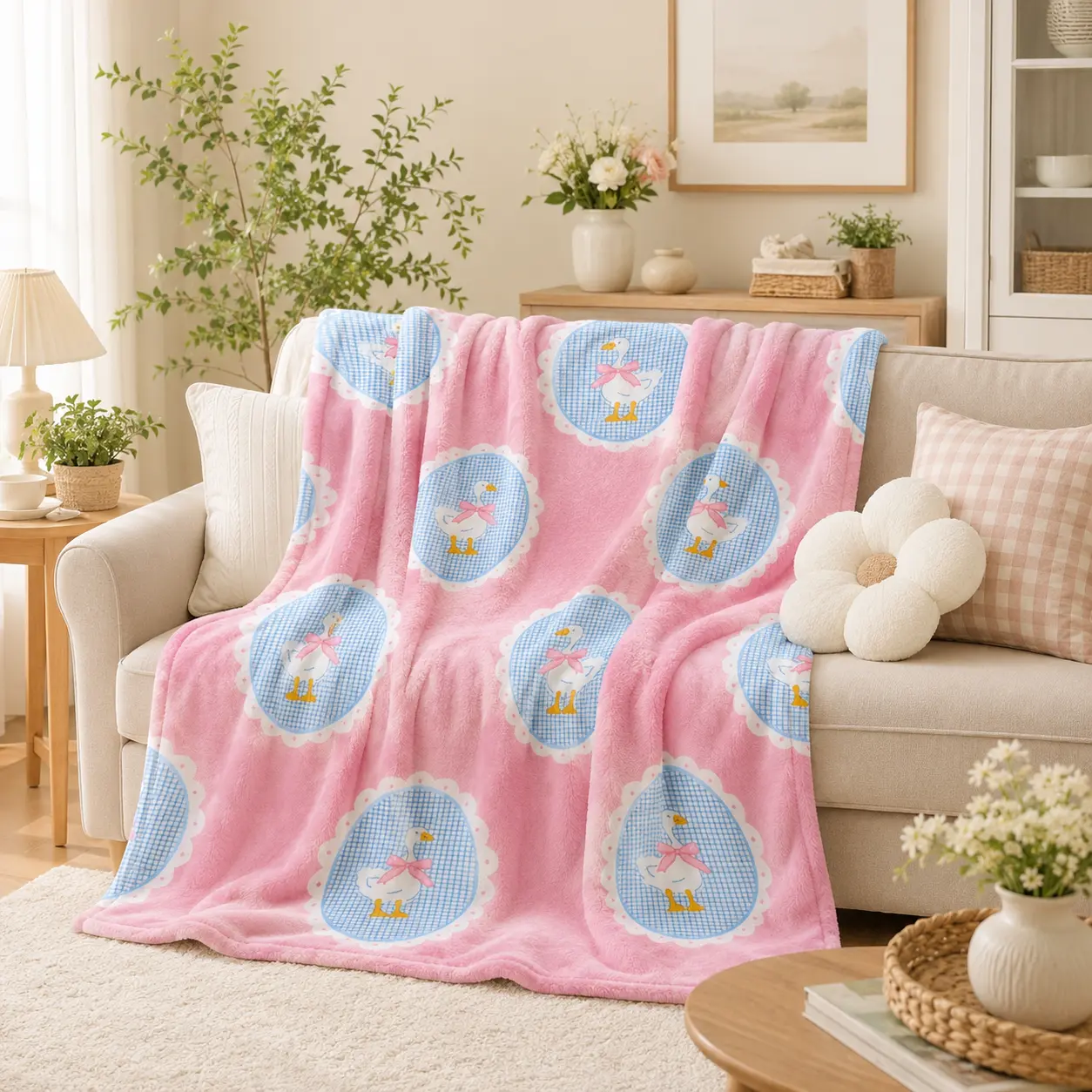 Pink Gingham White Goose Bow Lace Frame Coquette Flannel Throw Blanket, Soft Fuzzy Plush Blanket for Couch Bed Nursery, All Season Cozy Warm, Sweet Baby Shower Gift for Girls, Pastel Cottagecore Farm Animal Aesthetic Bedroom Living Room Home Decor