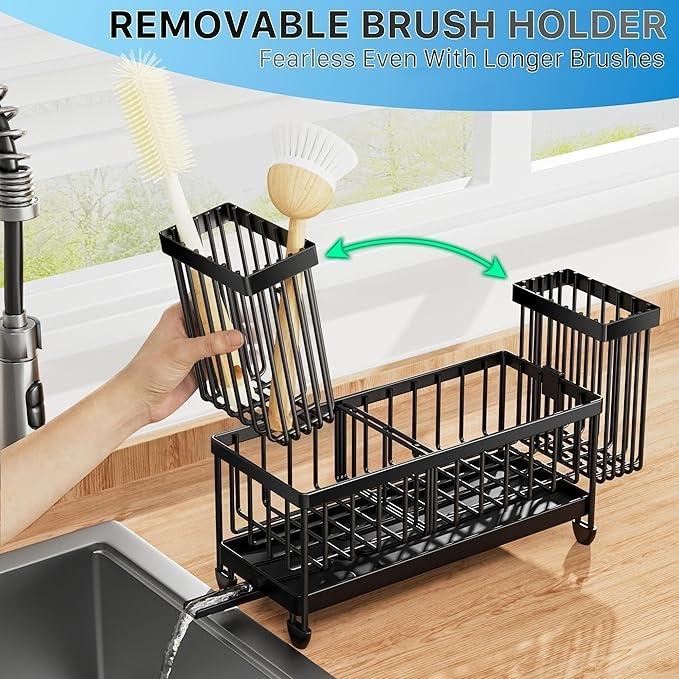 Kitchen Sink Caddy Organizer – 304 Stainless Steel Sponge Holder with Brush Holder, Rustproof Dish Soap & Sponge Rack, Countertop Kitchen Organizer (Black 9.25”)