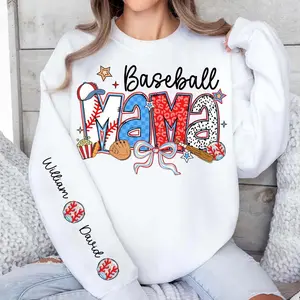 Baseball Mama Coquette Bow Crewneck Sweater With Kids Name on Sleeve, Baseball Grandma Mimi Nana Mom Mamaw Game Day Brushstroke Bow Sweatshirt