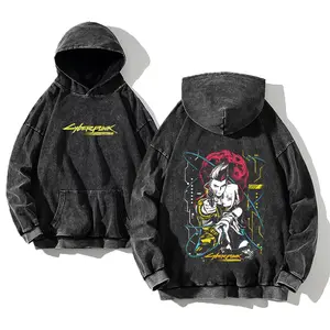 Cy8erpunk Edgerunners Washed Hoodie Anime Graphic Y2K Streetwear Pullover Unisex