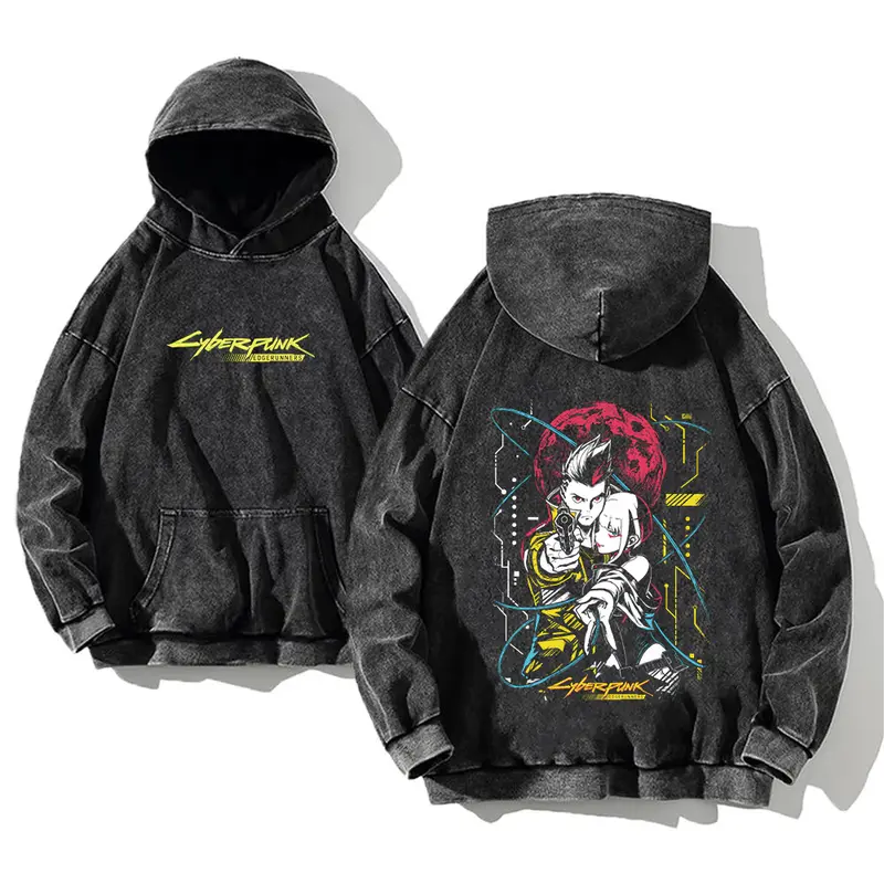 Cy8erpunk Edgerunners Washed Hoodie Anime Graphic Y2K Streetwear Pullover Unisex