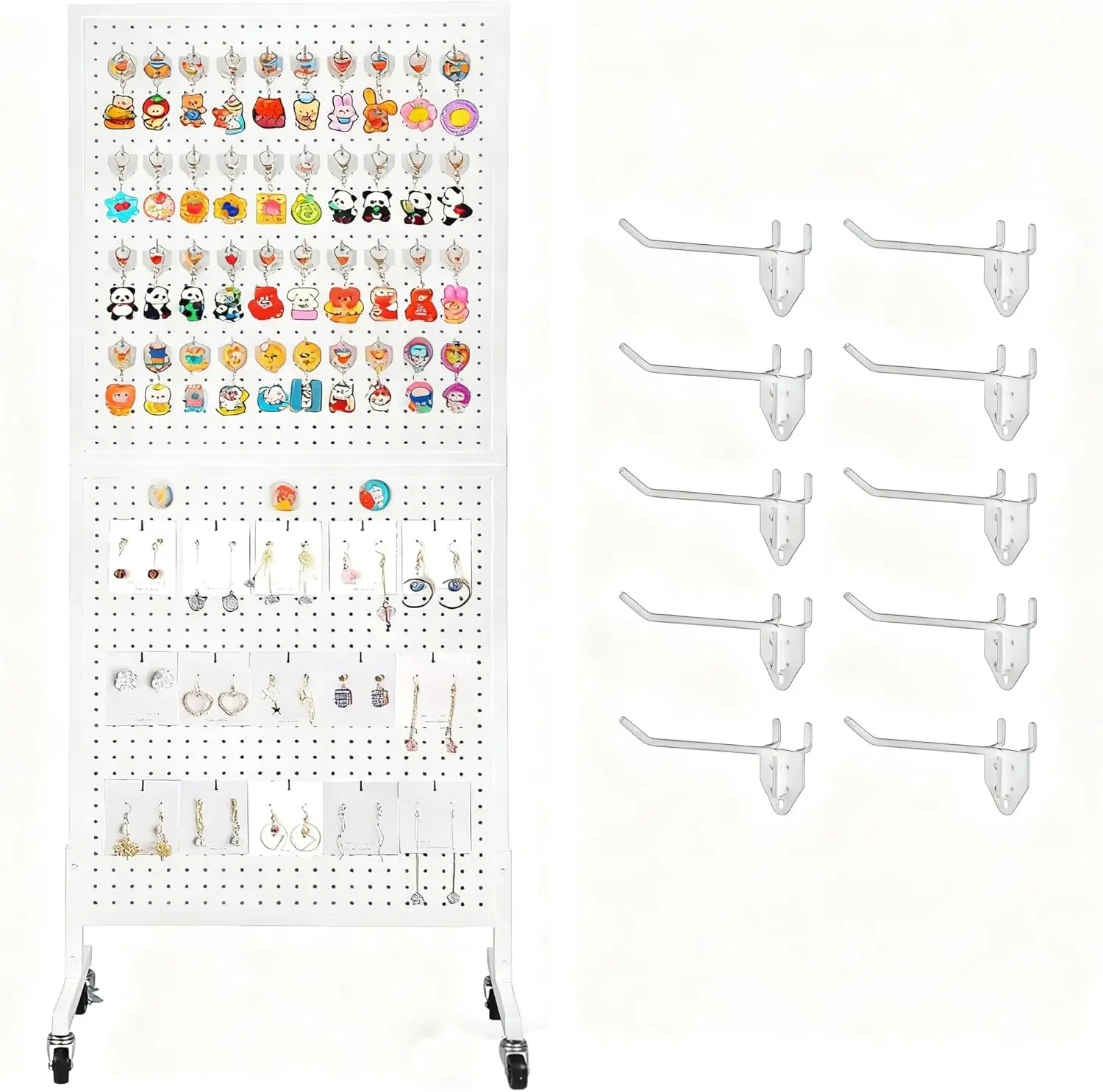 Garvee Metal Pegboard Storage Rack – 60 x 150 cm Free-Standing Organizer with Wheels, T-Base, 10 Hooks – Modular Shelf for Garage, Workshop, Store, Exhibition