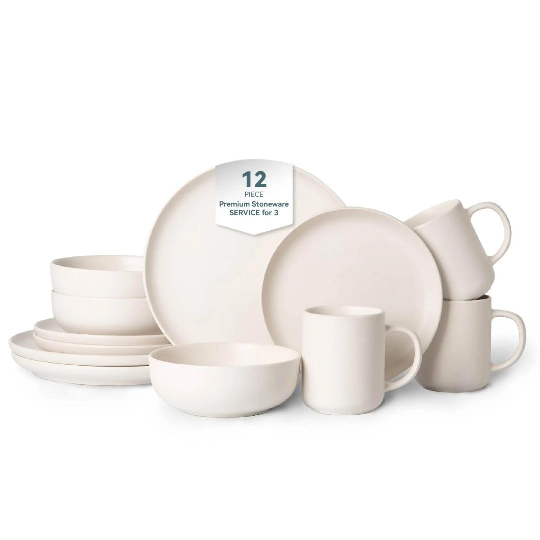 12-Piece Stoneware Dinnerware Sets With Mugs  Microwave  Dishwasher Safe  Non-Toxic Dinner Plates Bowls Set  Stackable Matte Glaze Kitchenware For 3