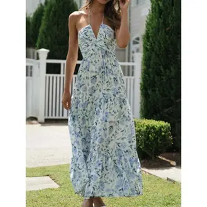 's Summer Chiffon Halter V Neck Sleeveless Floral Flowy A Line Maxi Dress Boho Backless Tiered Swing Long Beach Dresses