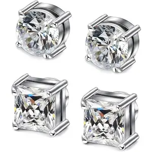 2 Pairs Stainless Steel Magnetic Stud Earrings for Men Women Round Square Non-piercing Round CZ 5-8MM