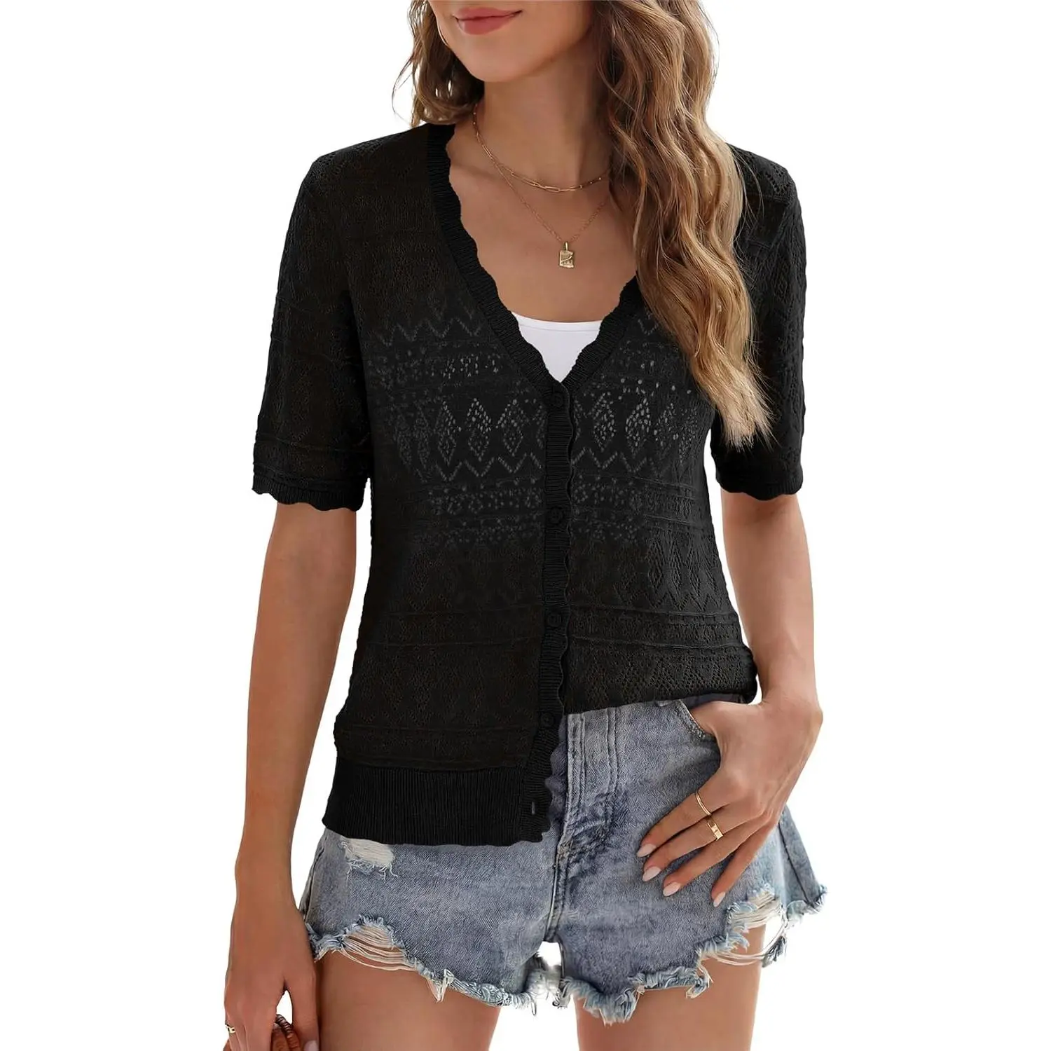 Saodimallsu Women's Short Sleeve Fitted Crochet Knit Cardigan, Casual V Neck Button Down Lightweight Sweater Top for Spring Summer, Knitwear