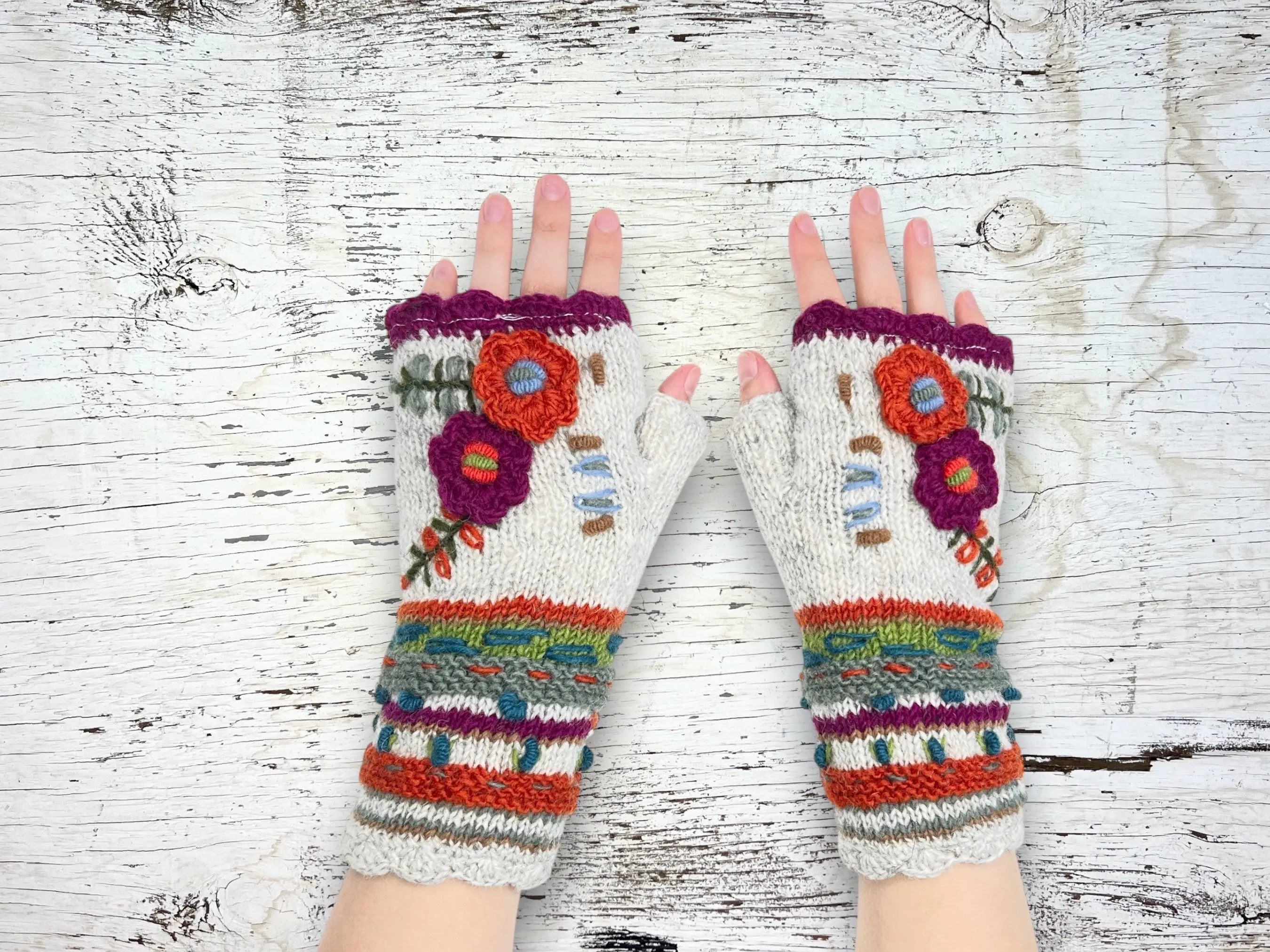 Hand Knit Cream Embroidered Flower Fingerless Gloves Wool Texting Mittens Fleece Lined Winter Women's for Her Christmas Birthday Gift