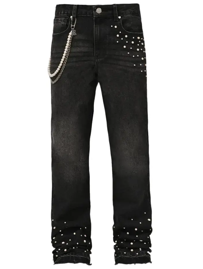 Sweet‑cool American retro style stretchy denim jeans for men and women, straight cut, washed distressed frayed hem casual long pants (no waist pearl chain)
