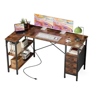 L-Shaped Computer Desk with Power Outlets & 3 Drawers — 47 Inch Corner Desk for Gaming, Home Office & Study, Rustic Brown