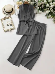 Women's Solid Color Lapel Sleeveless Blazer & Pants Suit Set, Casual Chic Loose Fit, Spring & Fall Office Wear, Daily Use, 2 Piece