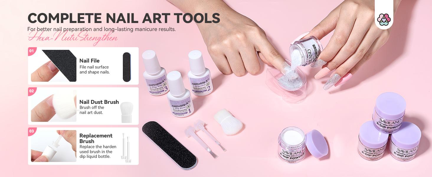 SAVILAND Dip Powder Nail Kit with Drill: 6 Color French Nail Art Perfect Beginners Set Features Pink Nude Glitter Clear Powder DIY Home Manicures