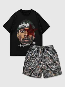 Men's Regular Fit Letter Print Short Sleeve Tee & Shorts Set, Casual Round Neck T-shirt & Shorts, Men's Two-piece Outfits for Daily Wear