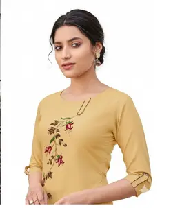 DIVA-1102 Elegant Mustard  Cotton Yellow Embroidered Straight  Kurti .