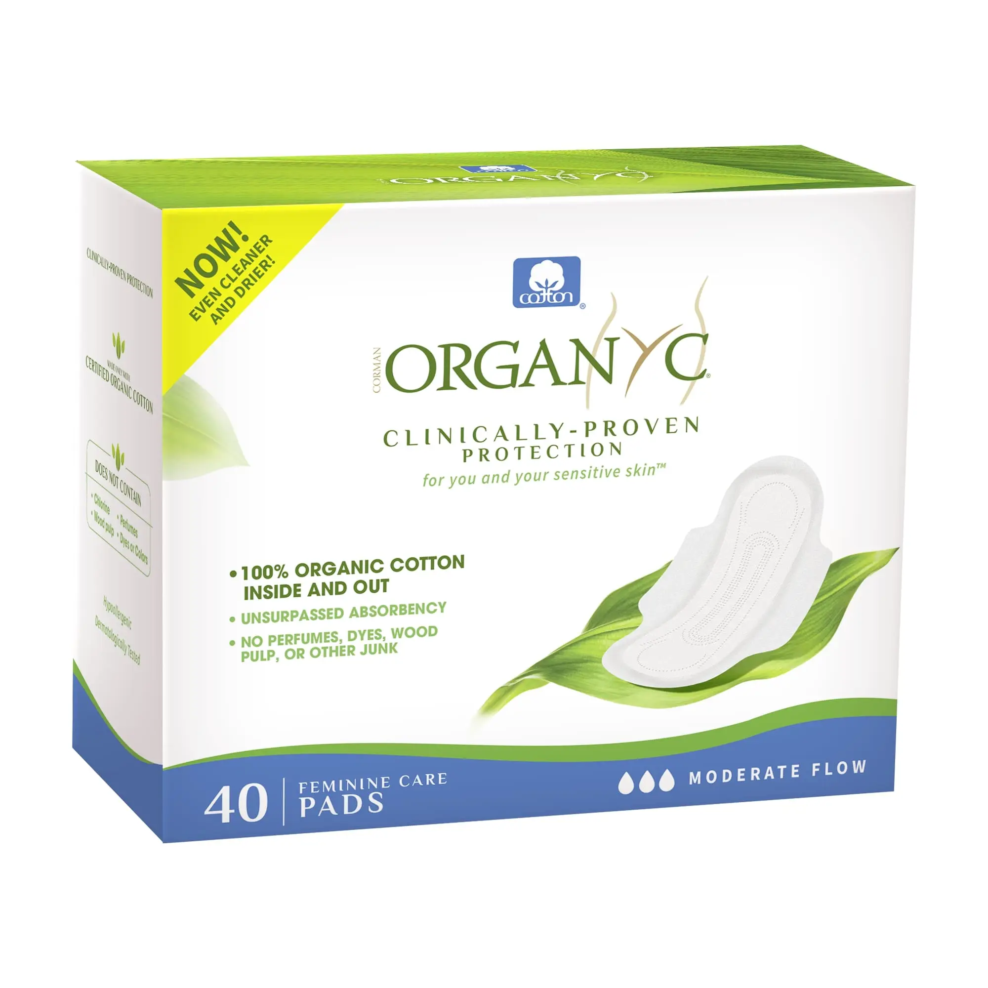 Organyc 100% Certified Organic Cotton Inside and Out Feminine Pads, Sanitary Napkin 40 Count, Moderate Flow, Regular Absorbency, New Larger Size Packaging