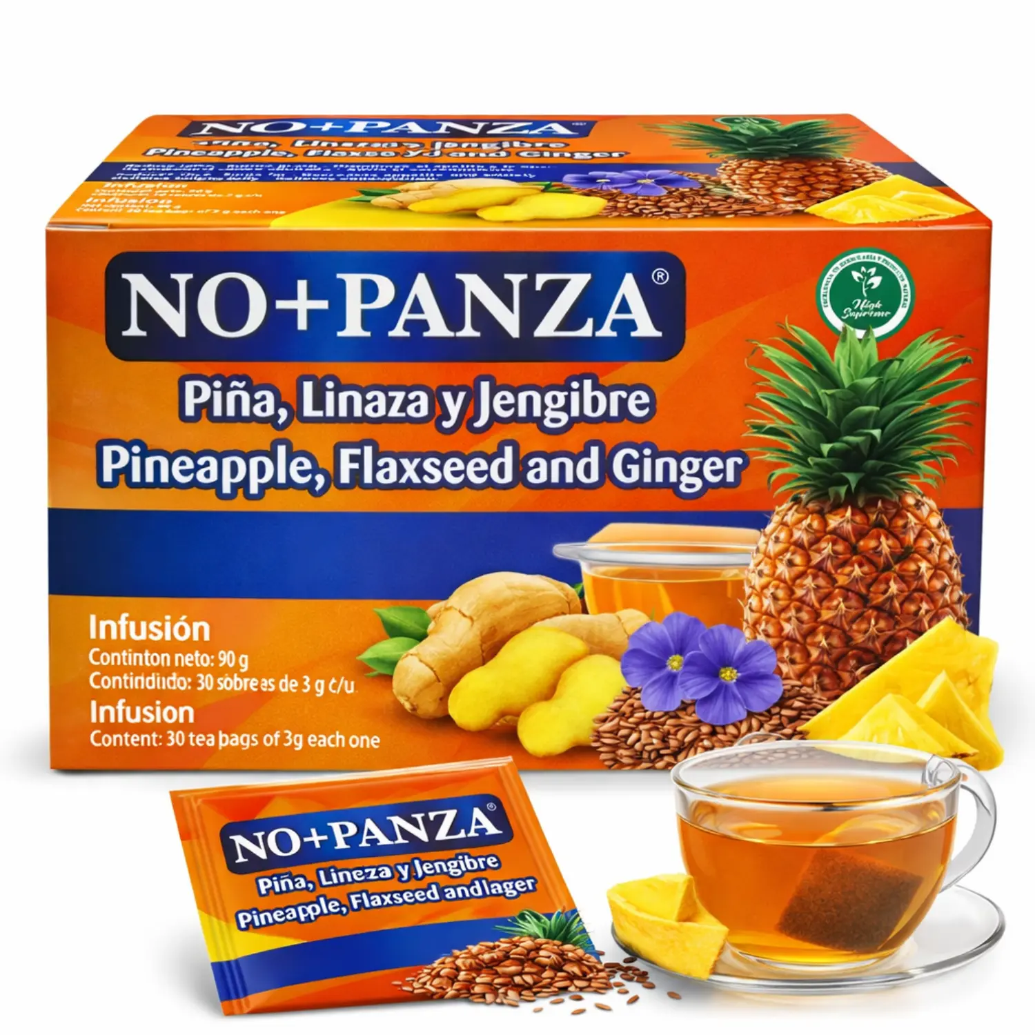 VIRAL Ginger, pinneapple,cinnamon flaxseed TEA (TÉ de jengibre, piña, cinnamon y linaza 30 tea bags) Vegan, 100% natural No+Panza Premium natural ingredients
