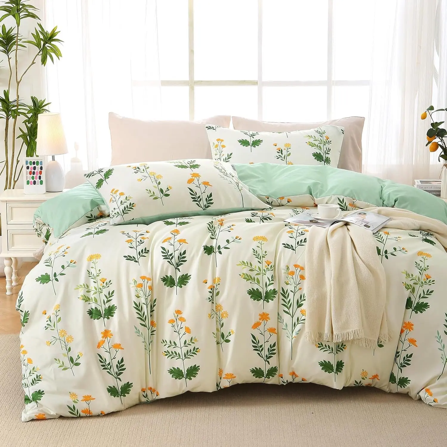 JOLLYVOGUE Duvet Cover Queen Size, Reversible Floral Vintage Duvet Cover Set with Zipper Closure, 3 Pieces Botanical Patterns Soft Microfiber Bedding Set (90"x90", 2 Pillow Cases)