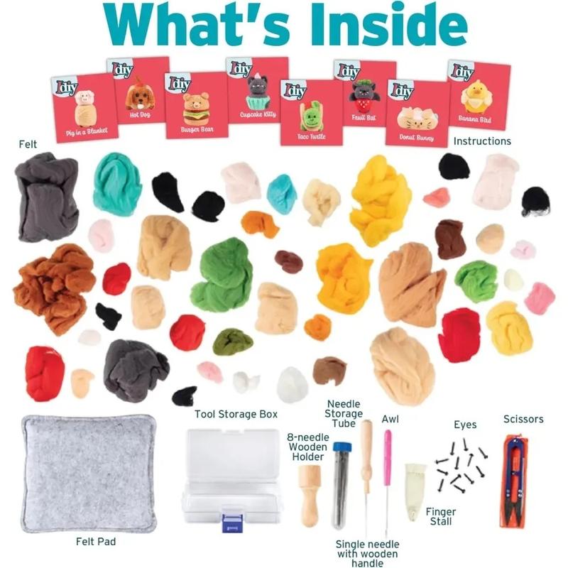 DIY Needle Felting Kit w Case- Animal Foodie Friends- Everything to Make 8 Adorable Felt Animals- Includes Mat, Tools, Needles & Instructions- Homemade Arts & Crafts, Gifts, Kids Party Activity