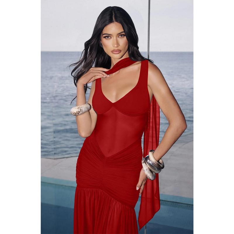 HYZ Women's Sleeveless  Halter Neck Evening Gown Ruched Waist High Slit Flowy Long Maxi Dress for Prom Wedding Gala Black