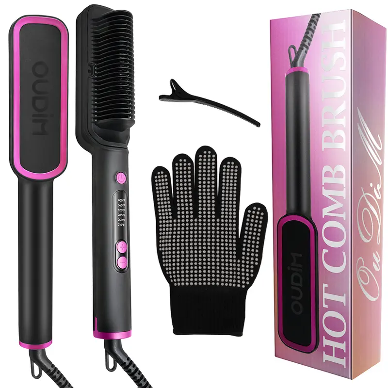 OUDIM Multifunctional Styler Negative Ion Hair Straightener Brush - Advanced Ionic Technology, 230°F to 400°F Adjustable Heat Levels, Detangler, Anti-Scald, Auto Shut-Off, Sectioning Clips, Frizz Reduction, Curler for Women’s Daily Home Salon Use