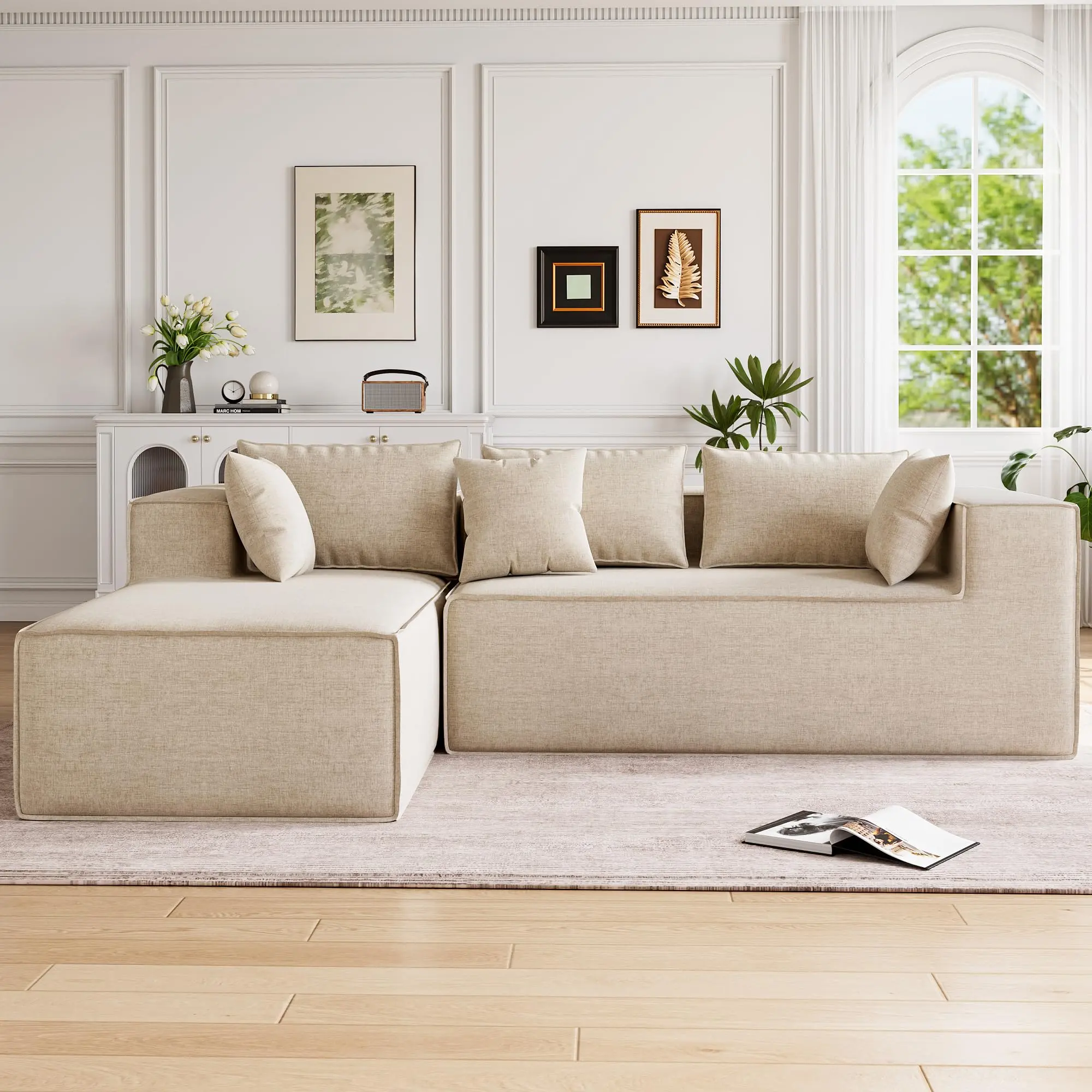 Garvee Modular Sectional Couch for Living Room, Modern Beige Polyester Upholstered L-Shaped Sofa with Pillows, High Density Foam Corner Sofa for Bedroom, No Assembly Needed