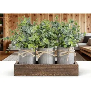 Farmhouse Table Centerpiece Set with Artificial Eucalyptus - Wood Tray and 3 Galvanized Pots - Rustic Decor for Dining Living Room Kitchen - Reusable Home Decor - Natural Look Decorative Accents Plants Wooden Box Bucket Flowers Fruit porch decor