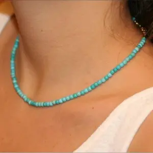 Natural Genuine Blue Turquoise Round 3mm Tiny Beads Choker Healing Crystal Dainty Minimalist Boho Necklace Gift