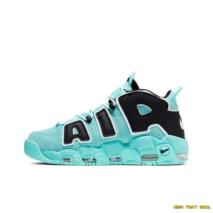 Blue Black Unisex High Top Sneakers, suede leather spliced upper, outlined letter decoration, breathable perforations, full palm visible air cushion, flexible rubber outsole, suitable for casual street styling and daily walking