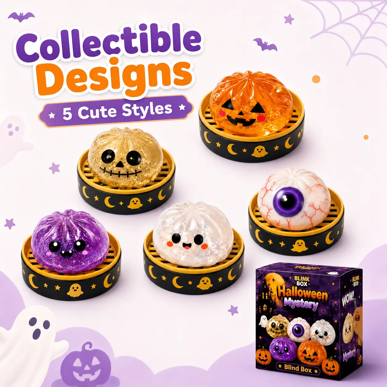 Halloween Baozi Squishy Stress Relief Toy with Steamer Base, Slow-Rise Pumpkin Eyeball Fidget Toy for Desk Decor