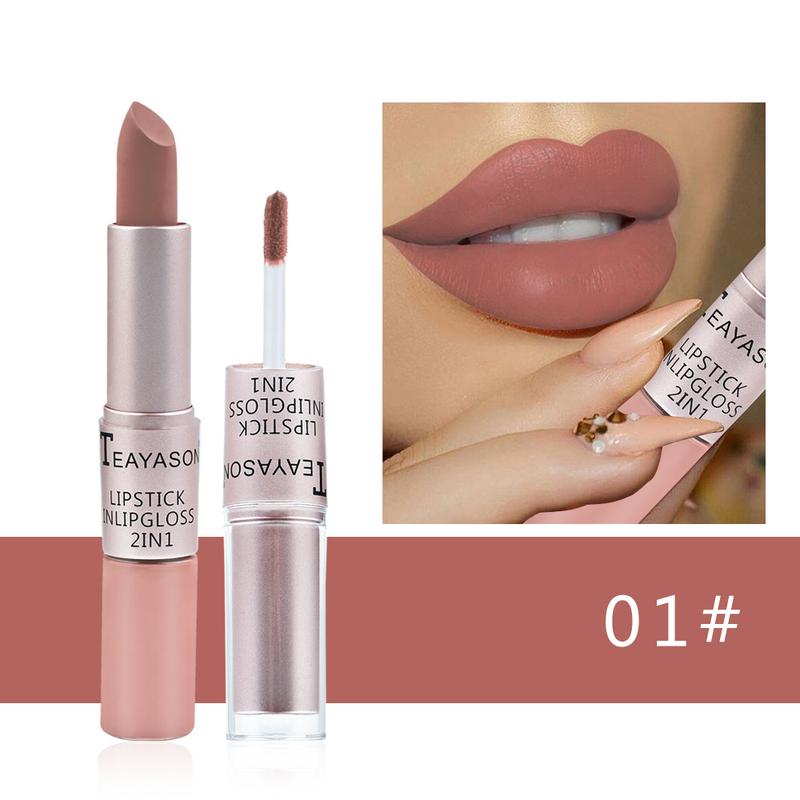 2 in 1 Velvet Matte Lipstick & Lip Gloss SetDouble Head Design Finish Non-Stick Cup NotFade Nude Color Lipgloss Stain Makeup LongLasting Waterproof Gloss