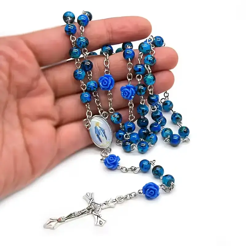 Handmade Rosary Necklace, Unisex Adult Blue Crucifix Beaded Chain, Fashion Accessory with Royal Blue Marbled Glass Beads, Distinctive Blue Rose-Shaped Accents, Silver-Tone Zinc Alloy Virgin Mary Medal, Cross Pendant, Thoughtful Easter Gift for Him or Her