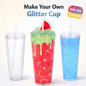 DIY Snowflake Travel Cup Set, Sparkle Double Layer Plastic Drinkware Tumbler Water Bottle, High Aesthetic Design, Cute Reusable Cup for Girls, Includes Stickers & Glitter, Lids