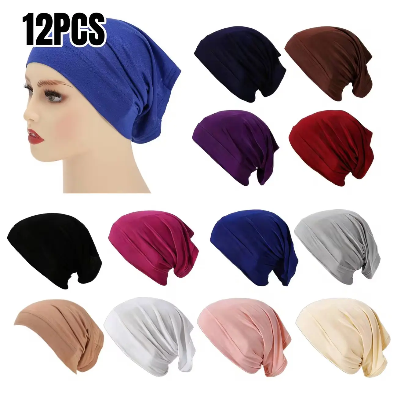 12Pcs Stretch Tube Hijab Caps, Soft Breathable Solid Color Undercap, Unisex Head Wrap Base Cover, Washable Turban Liner for Daily Hair Protection