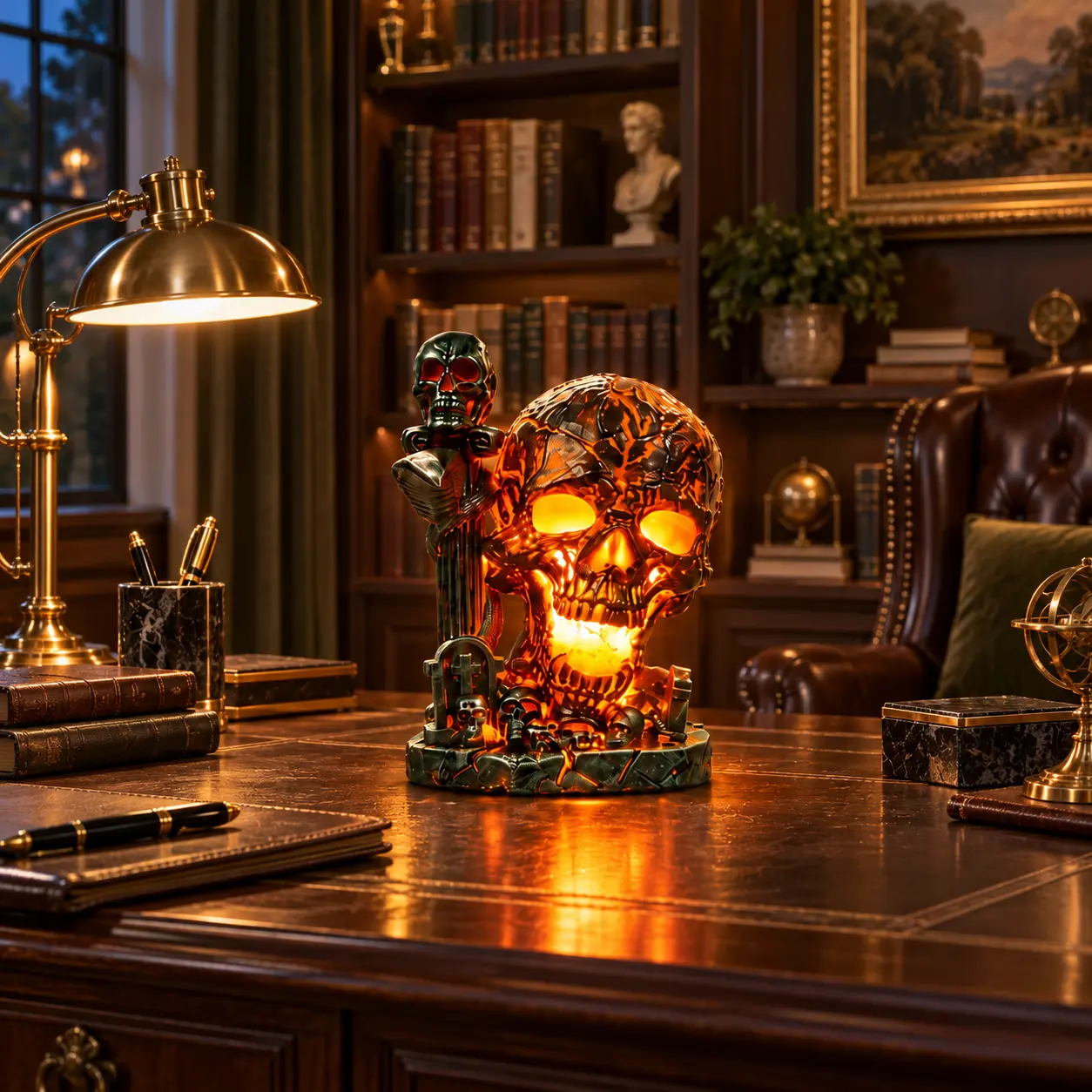 Gothic Skull Night Light with Sword and Tombstone, Spooky Glowing Resin Sculpture Table Lamp for Halloween Decor, Dark Academia, Bedroom, and Office Desk