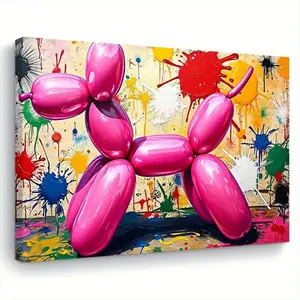 1 Piece Modern Balloon Dog Canvas Painting - Pink, Blue, Yellow, Green, Black Splash Ink - Children's Room, Playroom, Home Office Decoration - Modern Baby Room Art - Perfect Gift for Animal Lovers - 11.8x 15.7inch (30x 40cm ) Wall Decoration, Dog Decorati