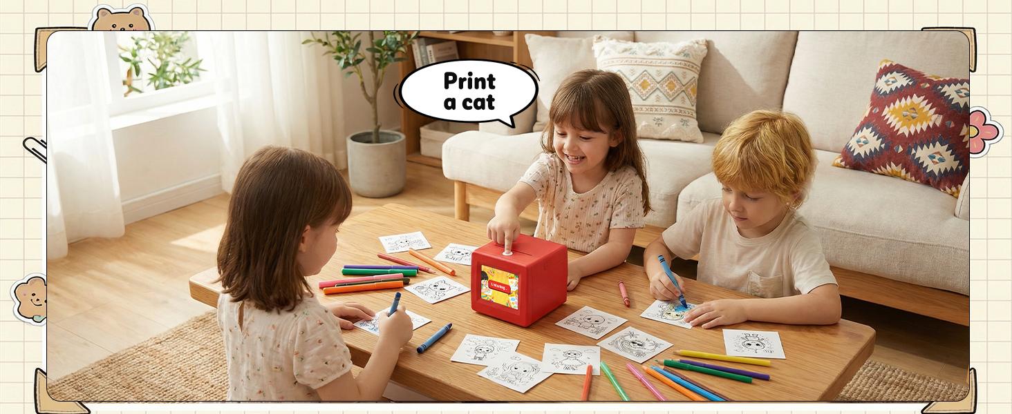 Children's AI Sticker Drawing Machine, featuring voice-to-image conversion, portable cartoon drawing maker, instant thermal paper output, creative toy set, includes 3 rolls of thermal paper and 2 rolls of stickers.