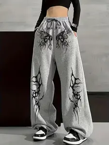 Women's Gothic Wide Leg Pants, Abstract Demon Wings Print, Loose Fit Sporty Drawstring Sweatpants, Streetwear Casual Fashion Style, Womenswear