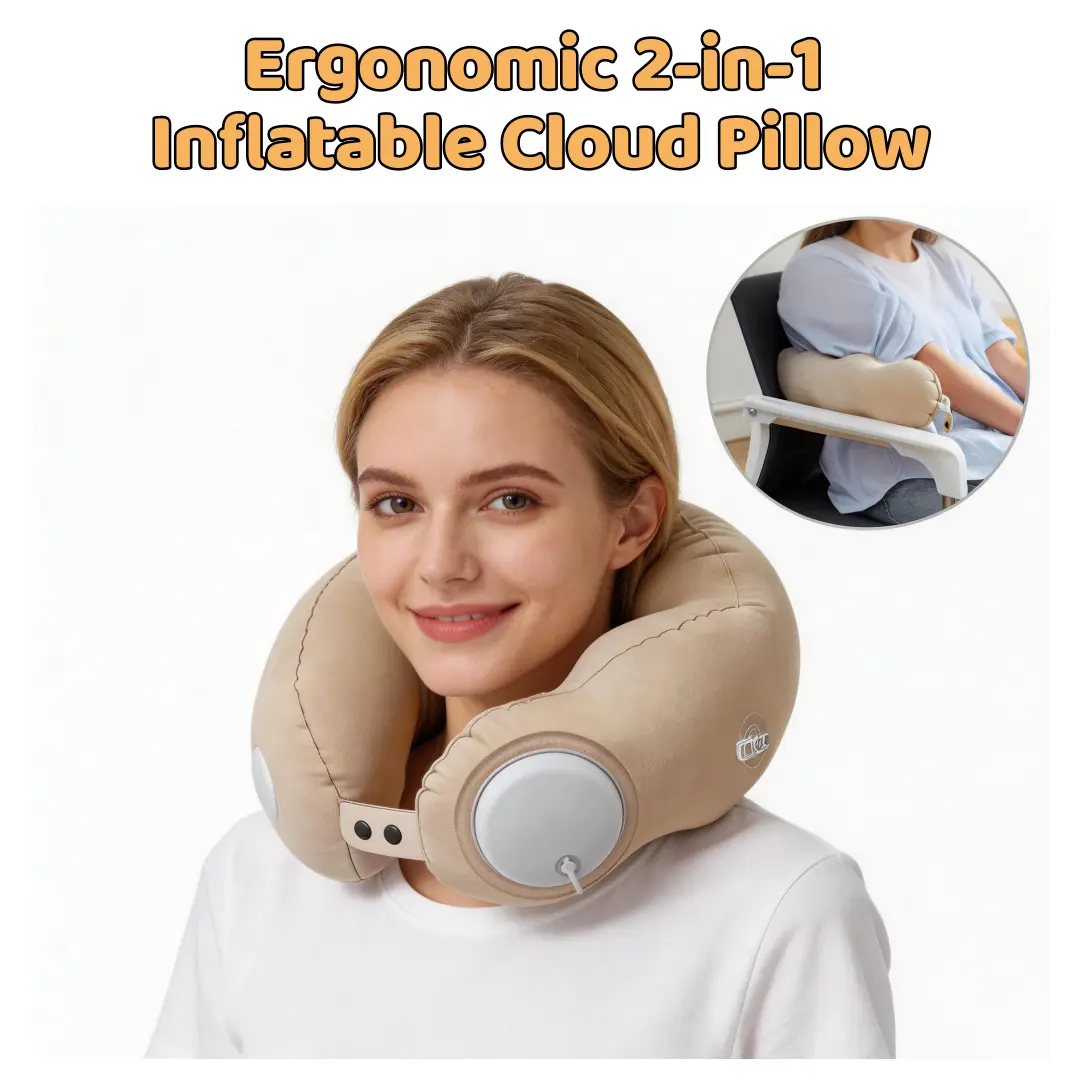 Ergonomic 2-in-1 Inflatable Cloud Pillow - Adjustable Neck Rest Cushion & Lumbar Support, Supportive Head Cushion for Office, Home, Travel Use